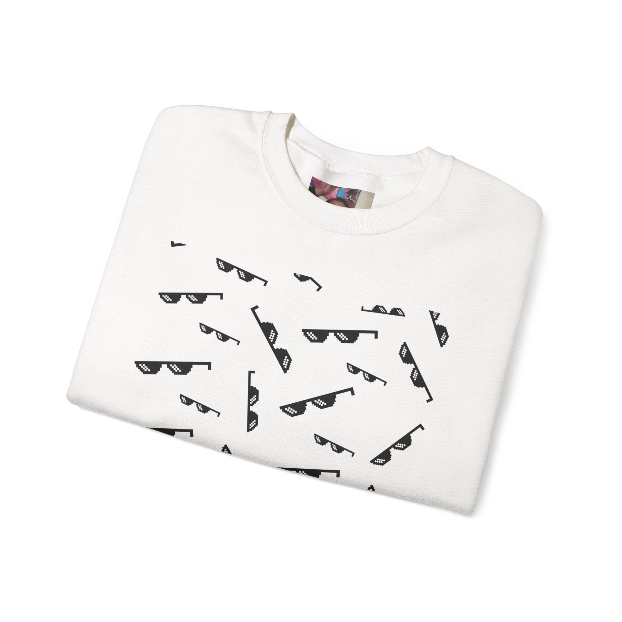 Crewneck Sweatshirt — Retro Sunglasses Pattern & Photo Back Print
