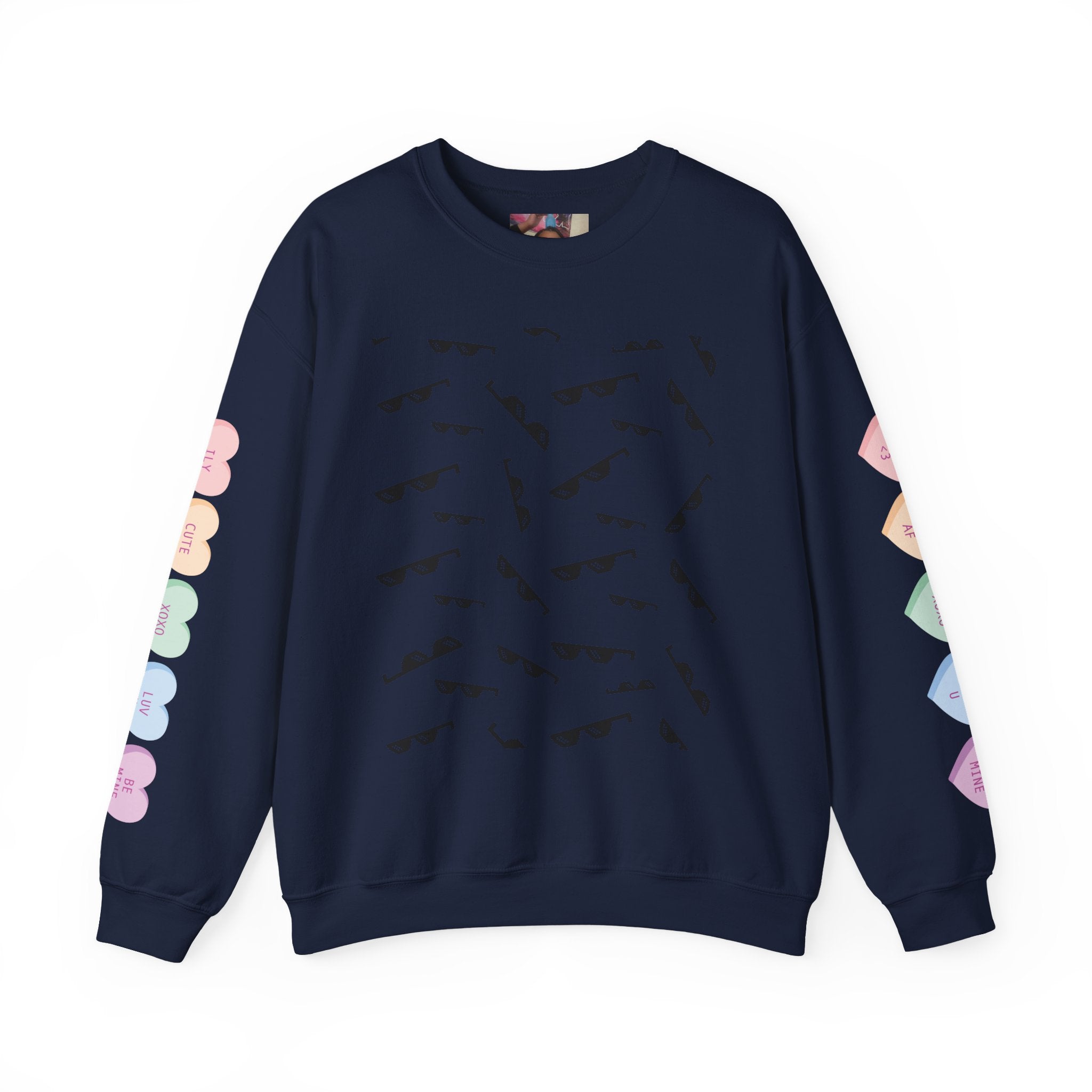 Crewneck Sweatshirt — Retro Sunglasses Pattern & Photo Back Print