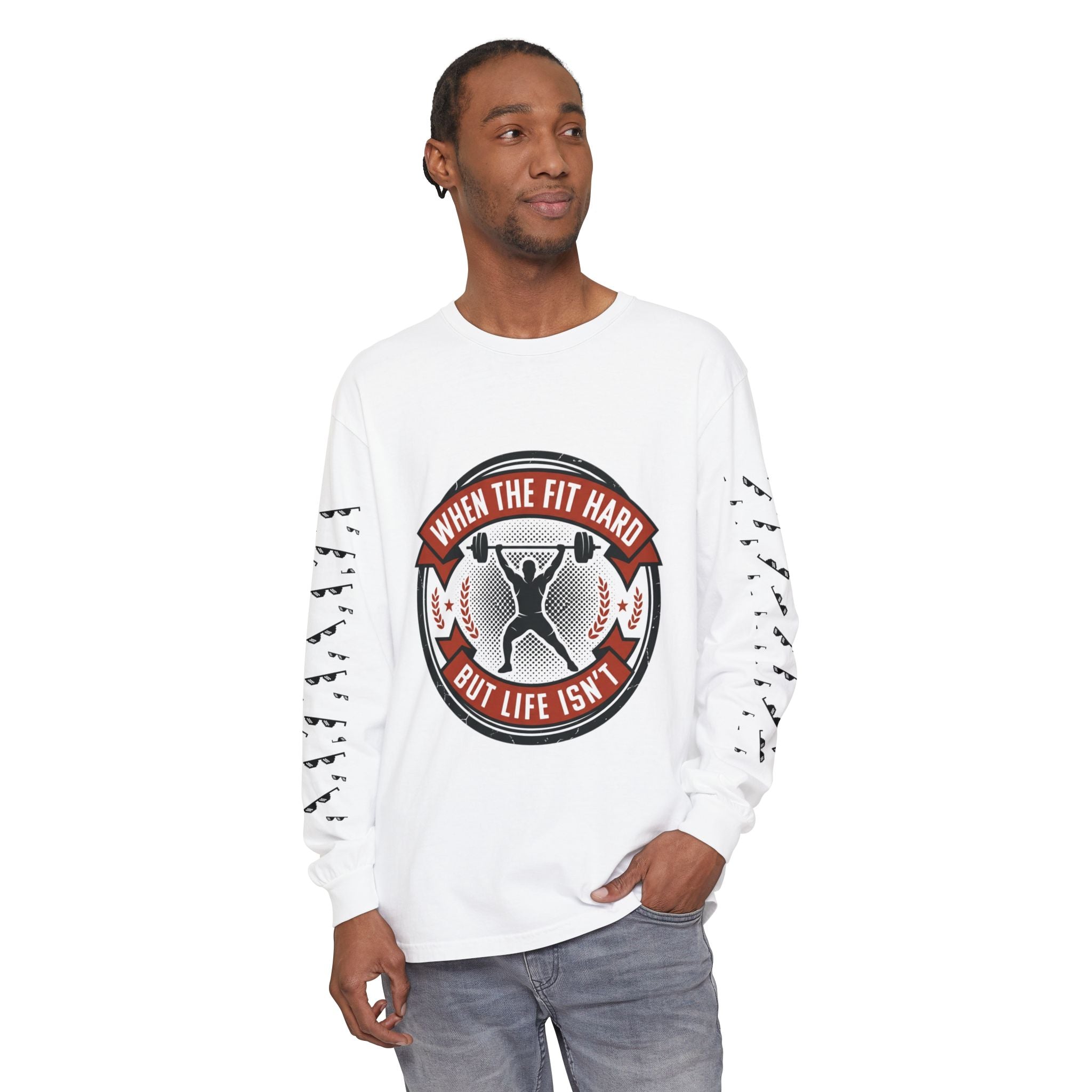 Long Sleeve T-Shirt — "When the Fit Hard But Life Isn't" Fitness Graphic (Hustle More, Less Coffee)