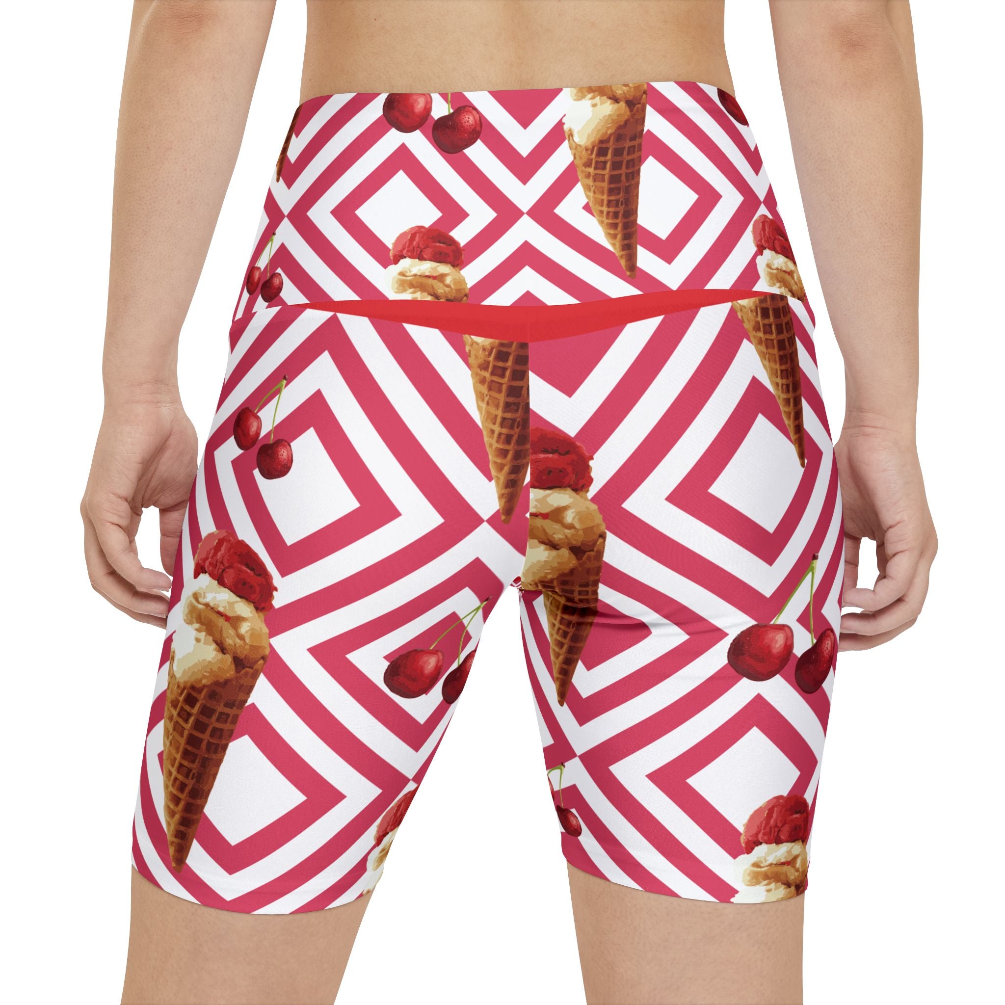 Cherry Ice Cream Women's Workout Shorts — Retro Geometric AOP Activewear