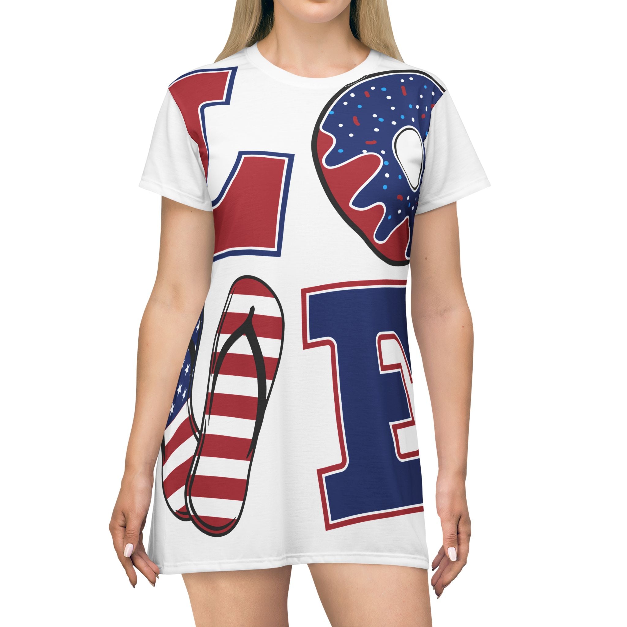 Patriotic "LOVE" All-Over Print T-Shirt Dress — USA Flag Flip-Flop & Donut Design