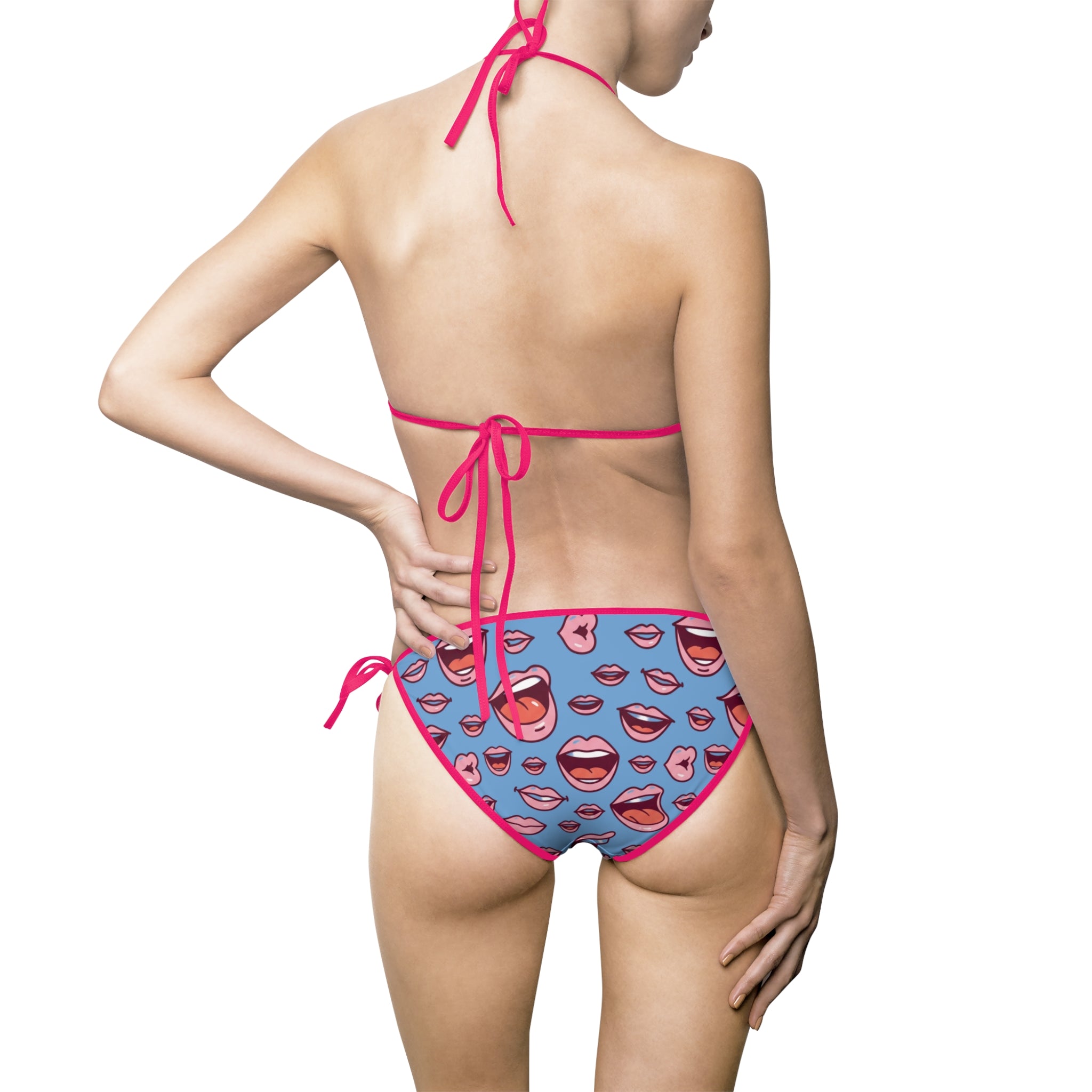 Women’s Lip Print Triangle Bikini — Blue Patterned Tie-Side Swimwear