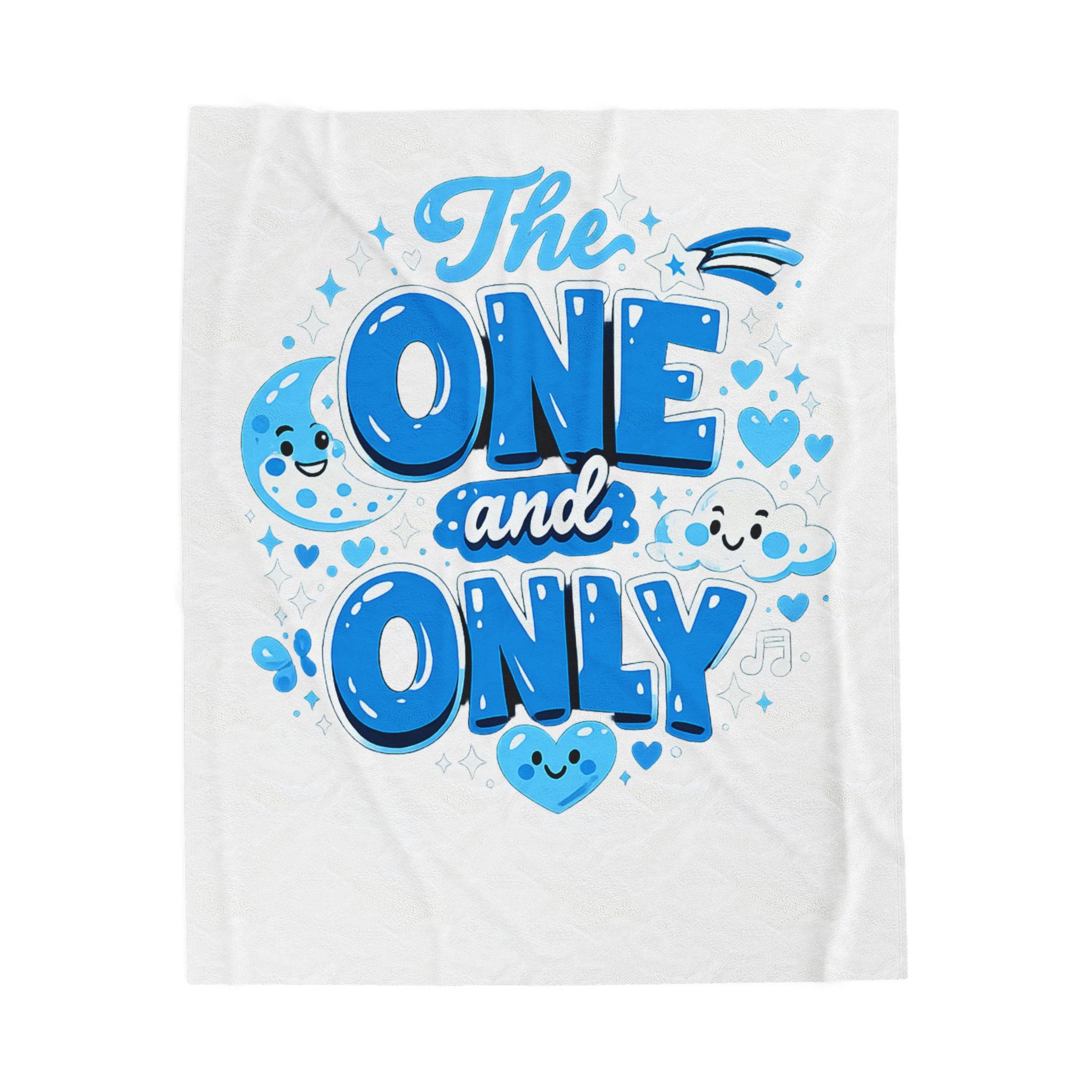 The One and Only Velveteen Plush Blanket — Cute Blue Kawaii Hearts & Clouds Throw