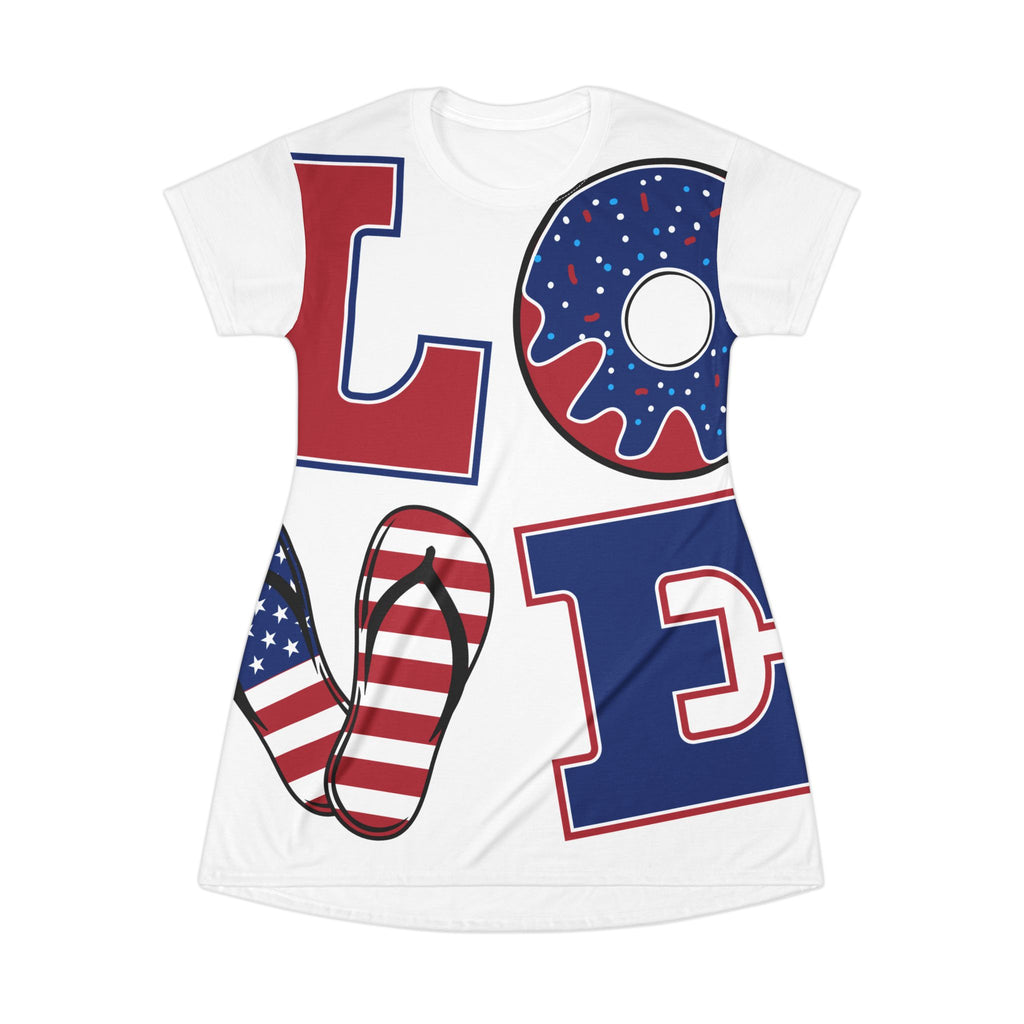 Patriotic "LOVE" All-Over Print T-Shirt Dress — USA Flag Flip-Flop & Donut Design