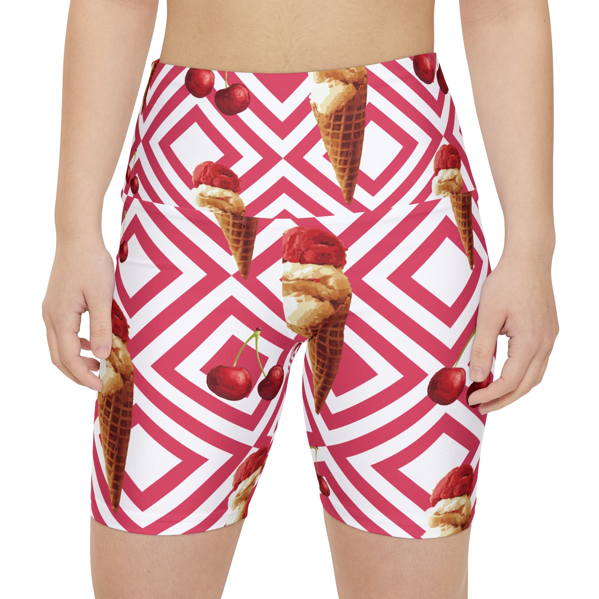 Cherry Ice Cream Women's Workout Shorts — Retro Geometric AOP Activewear