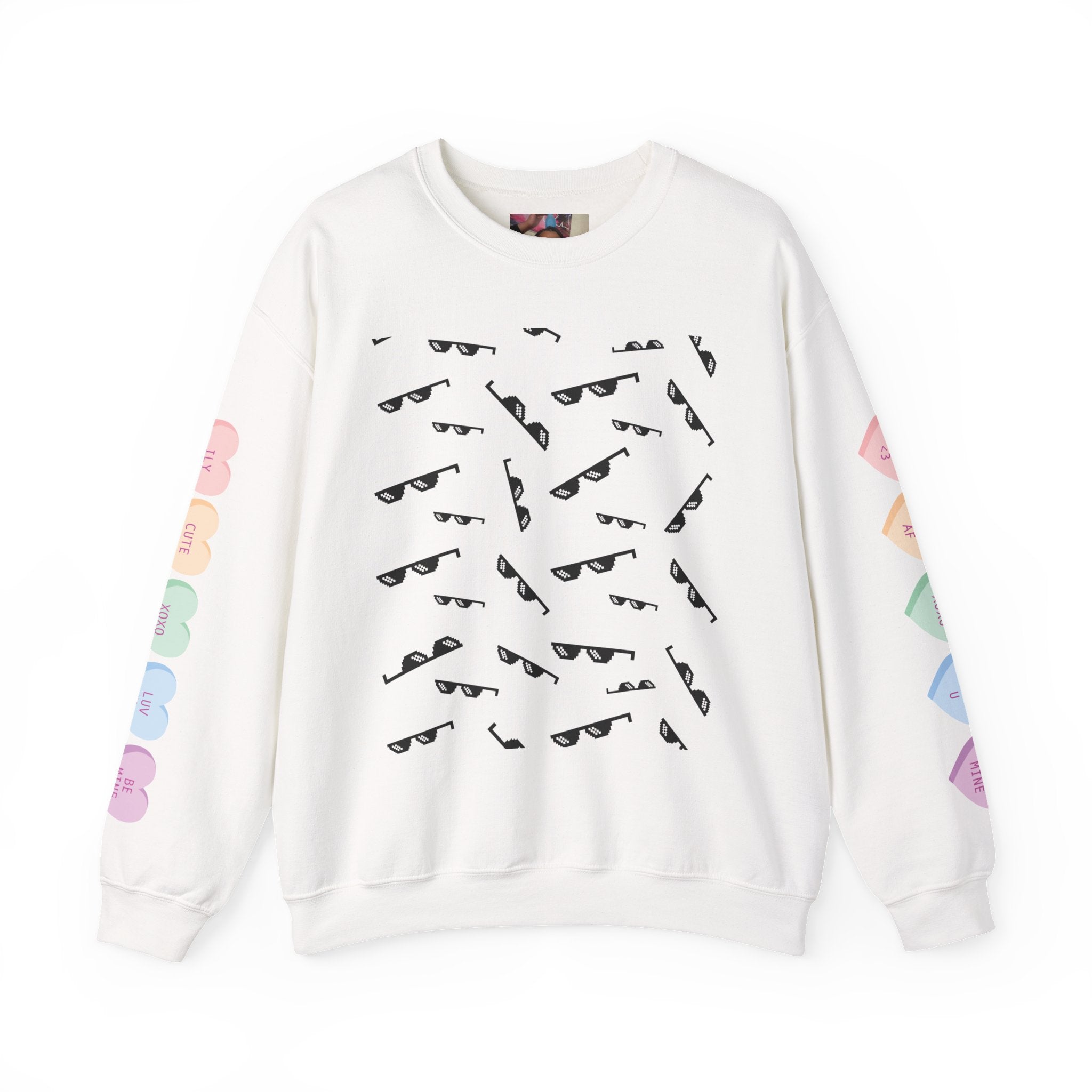 Crewneck Sweatshirt — Retro Sunglasses Pattern & Photo Back Print