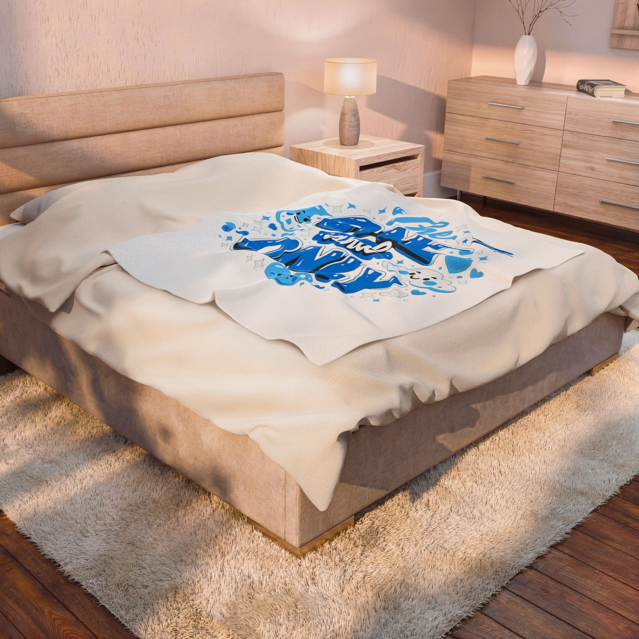 The One and Only Velveteen Plush Blanket — Cute Blue Kawaii Hearts & Clouds Throw