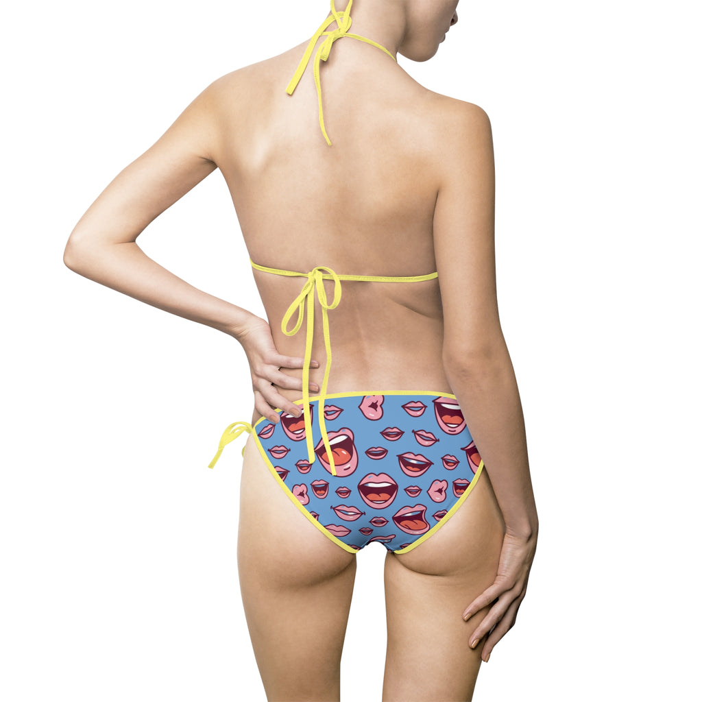 Women’s Lip Print Triangle Bikini — Blue Patterned Tie-Side Swimwear