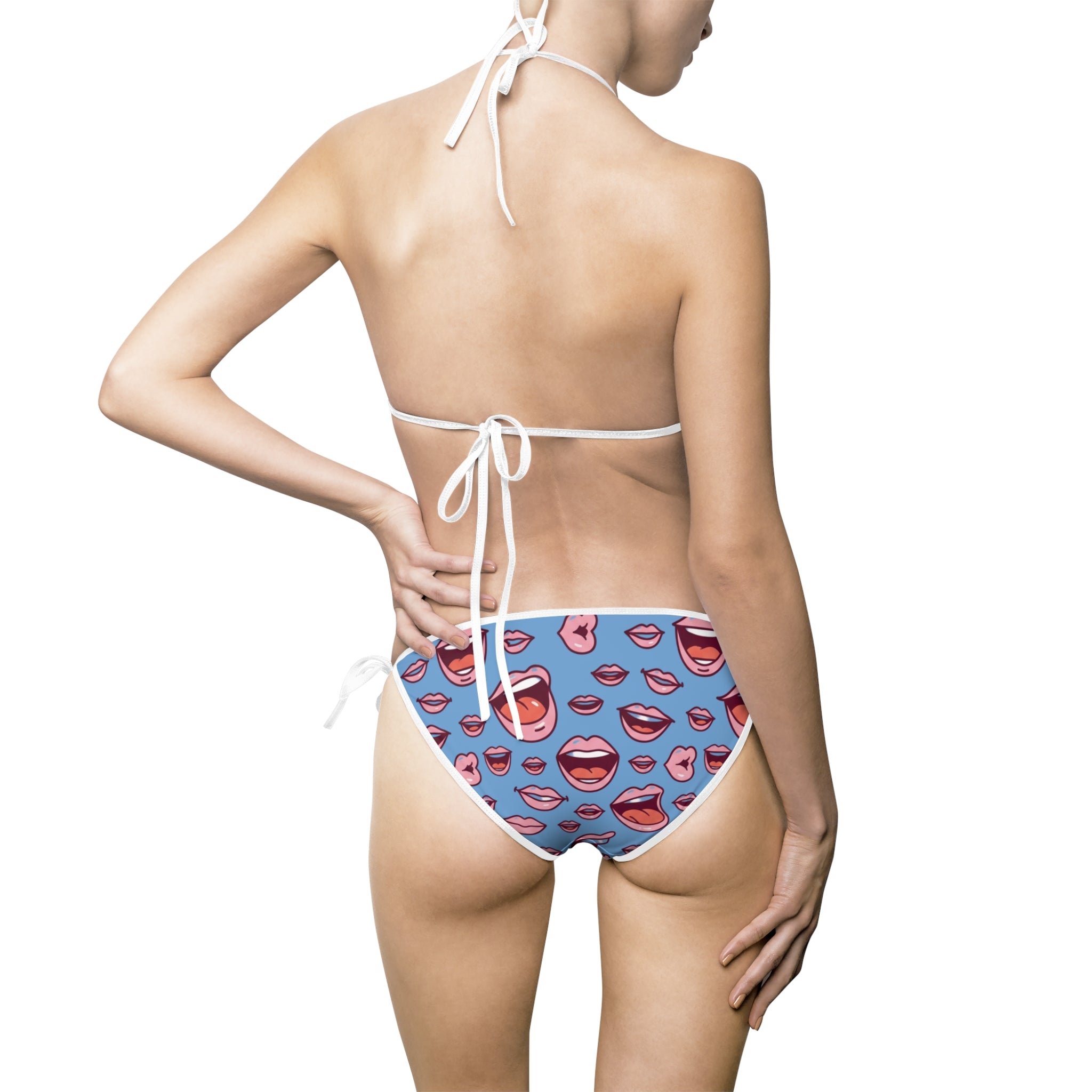 Women’s Lip Print Triangle Bikini — Blue Patterned Tie-Side Swimwear