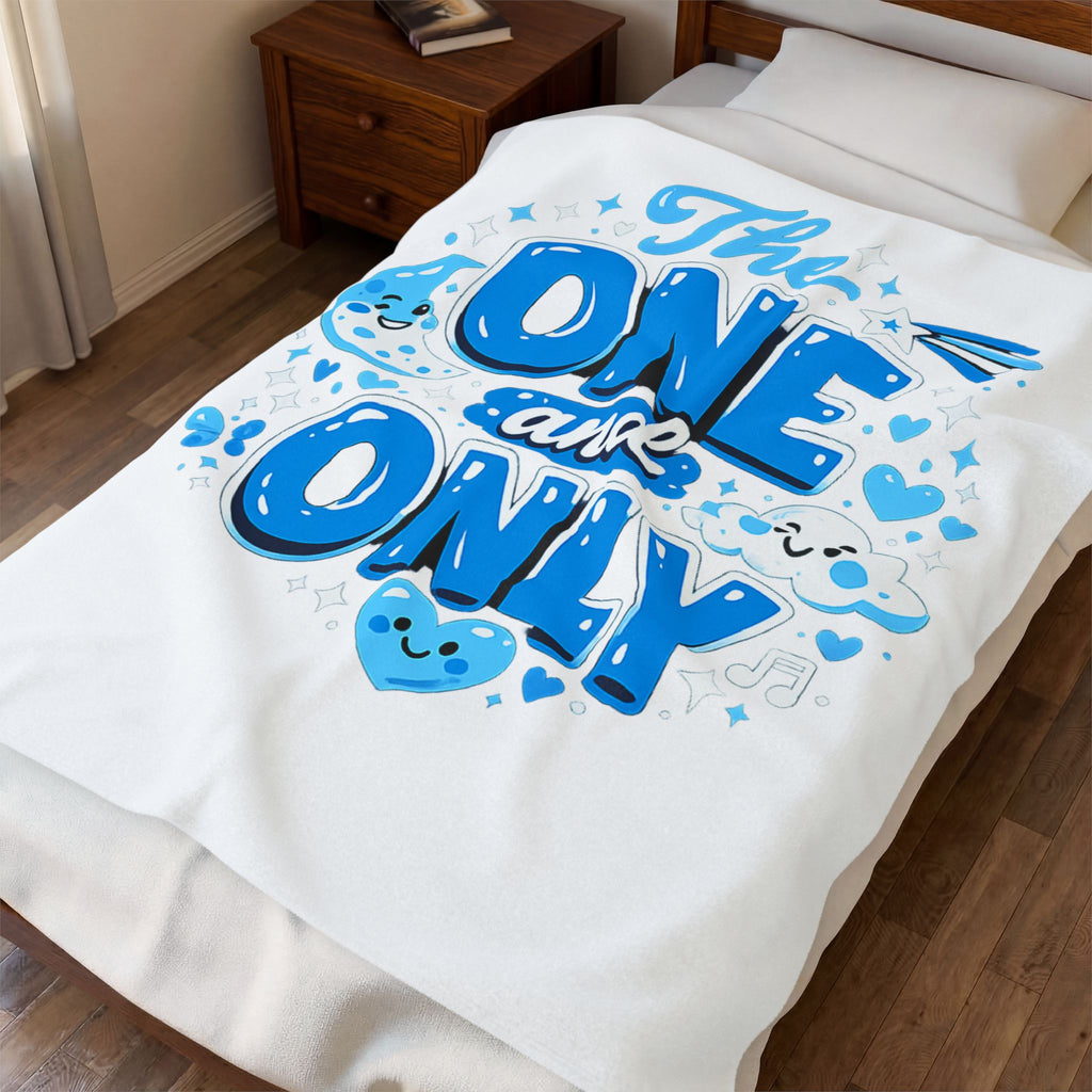 The One and Only Velveteen Plush Blanket — Cute Blue Kawaii Hearts & Clouds Throw