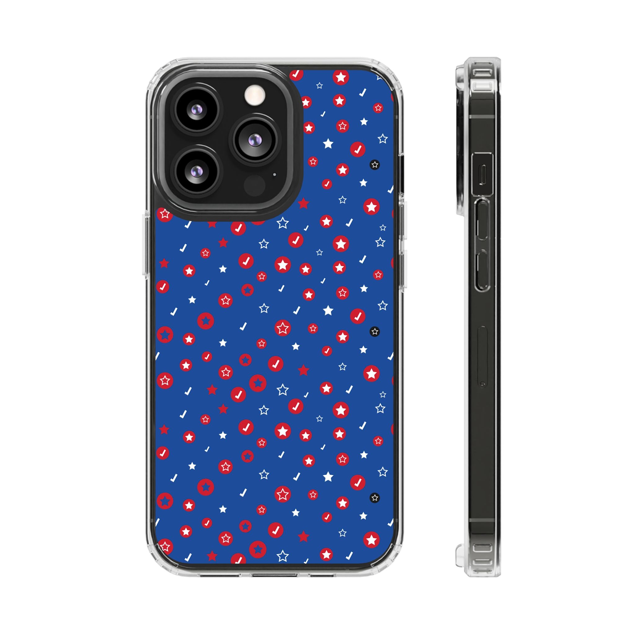 Clear Magnetic Phone Case — Navy Confetti Stars & Dots Impact-Resistant